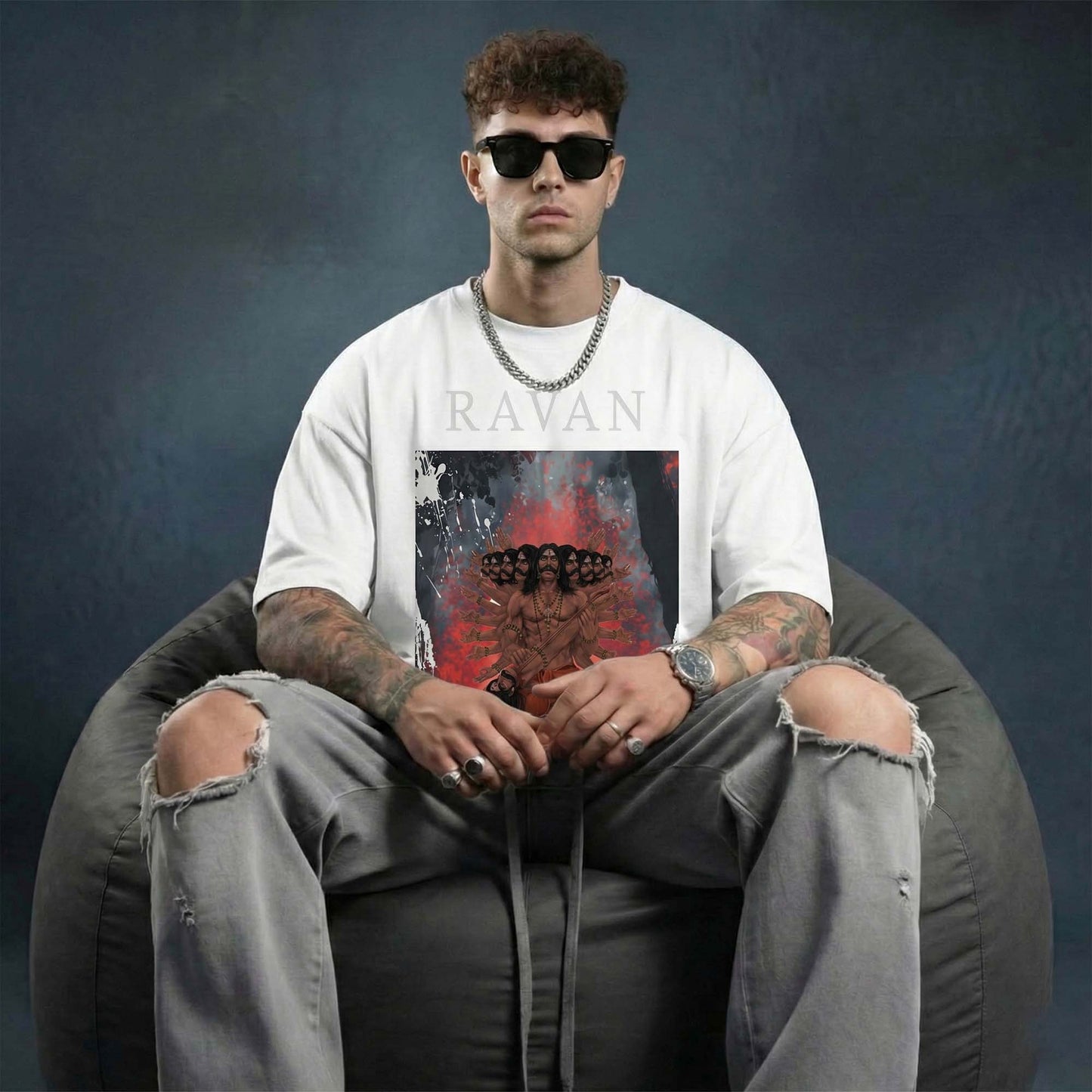 RAVAN Graphic T-Shirt for Men – Mythology Power Art Printed Tee (Black & White)