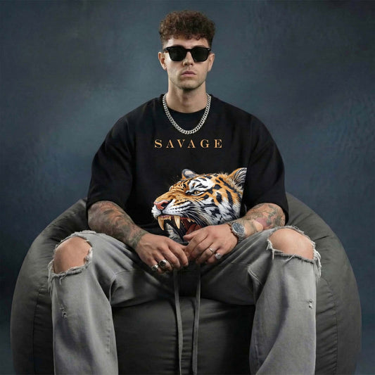 Men’s Savage Tiger Oversized T-Shirt | Bold Fierce Graphic Tee (Black)