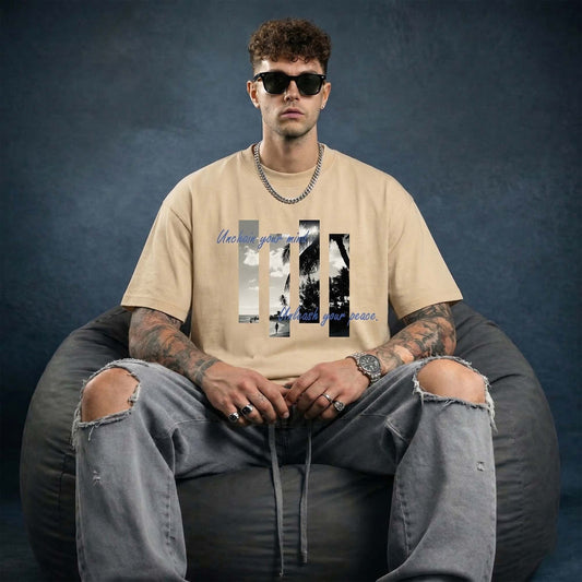 Aesthetic Beach Print Oversized T-Shirt for Men | Unchain Your Mind Graphic Cotton Tee | Summer Streetwear