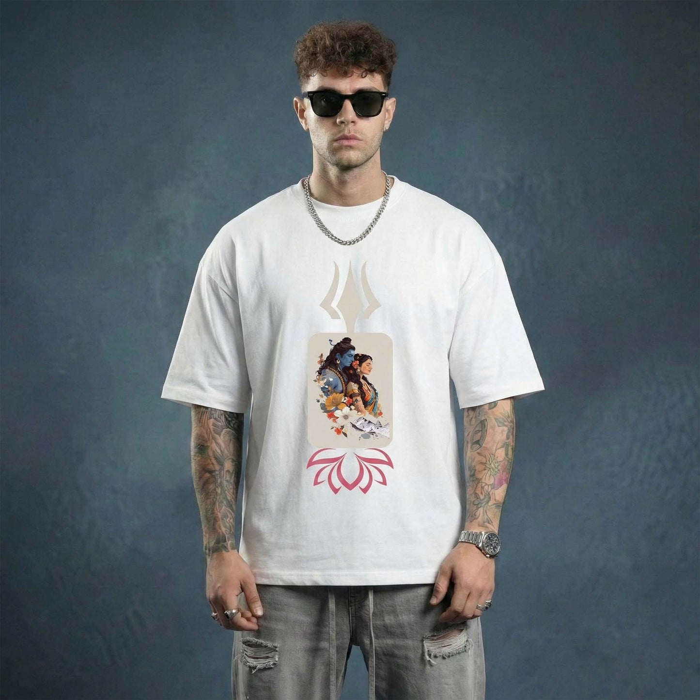 Unisex Divine Trishul Shiva–Shakti Oversized T-Shirt | Spiritual Sacred Graphic Tee for Men & Women