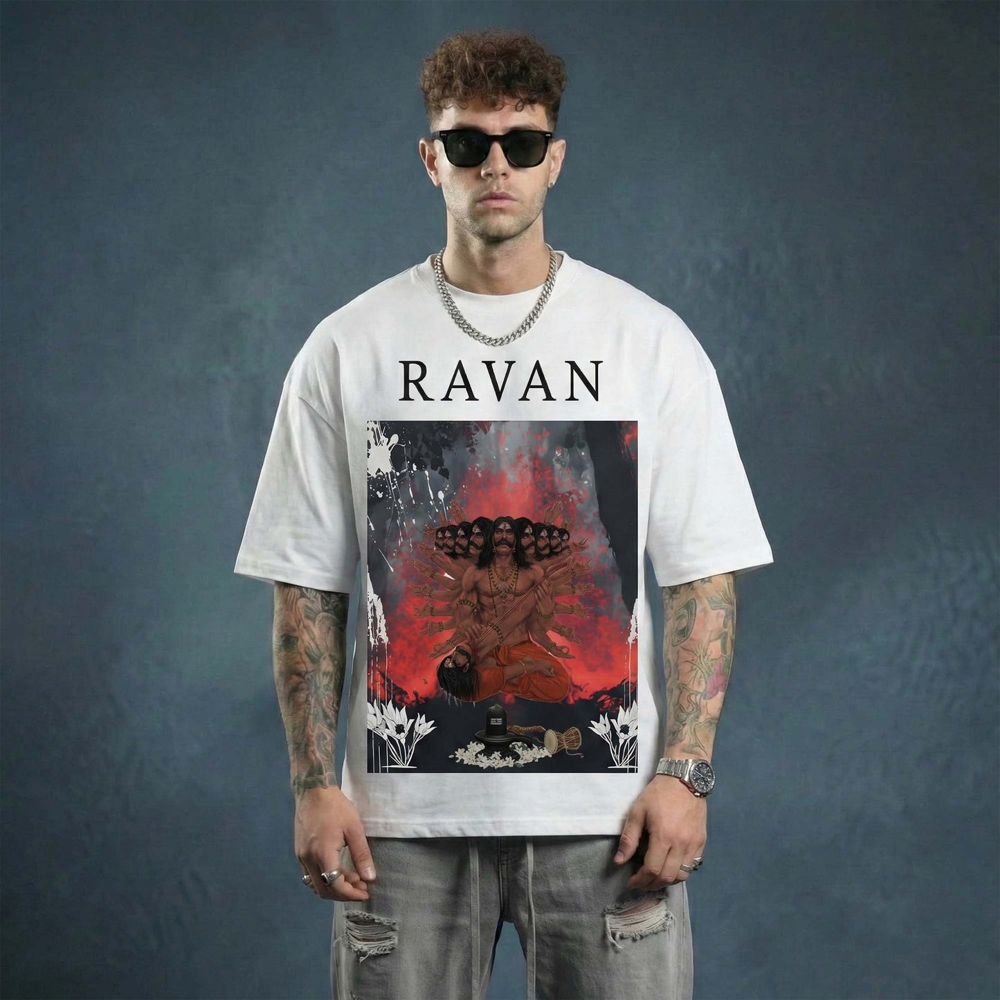 RAVAN Graphic T-Shirt for Men – Mythology Power Art Printed Tee (Black & White)