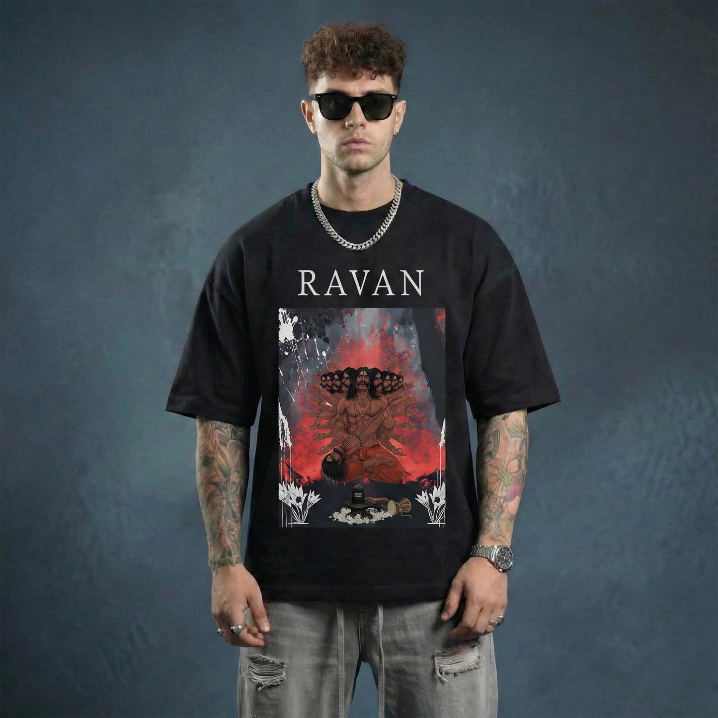 RAVAN Graphic T-Shirt for Men – Mythology Power Art Printed Tee (Black & White)