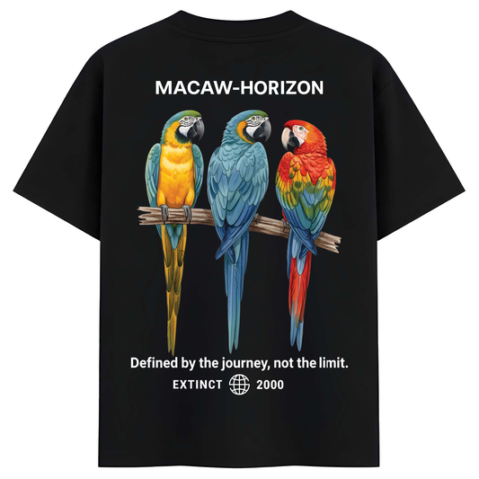 Macaw Horizon Printed Terry Cotton Tee I Black Oversized Graphic T-Shirt for Men