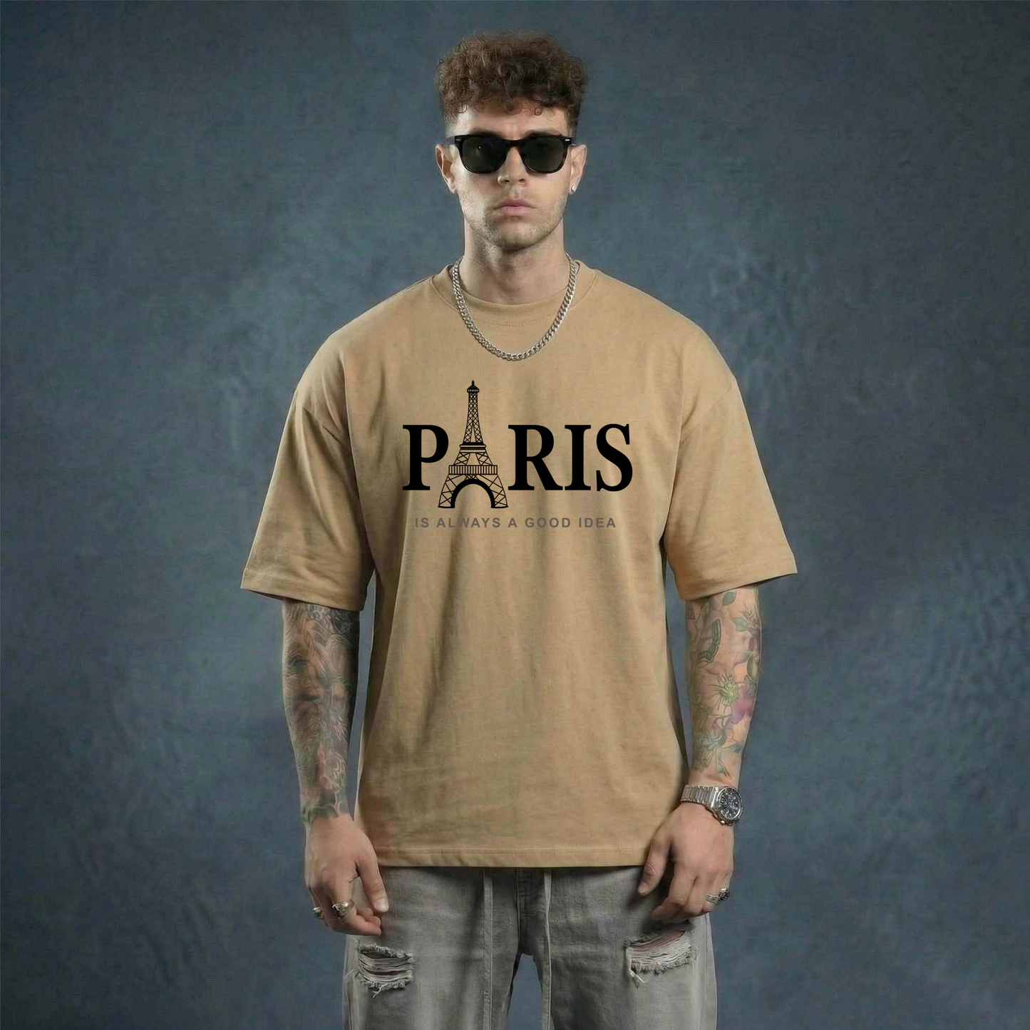 Eiffel Tower Printed Cotton Tee – Beige Oversized Paris Graphic T-Shirt