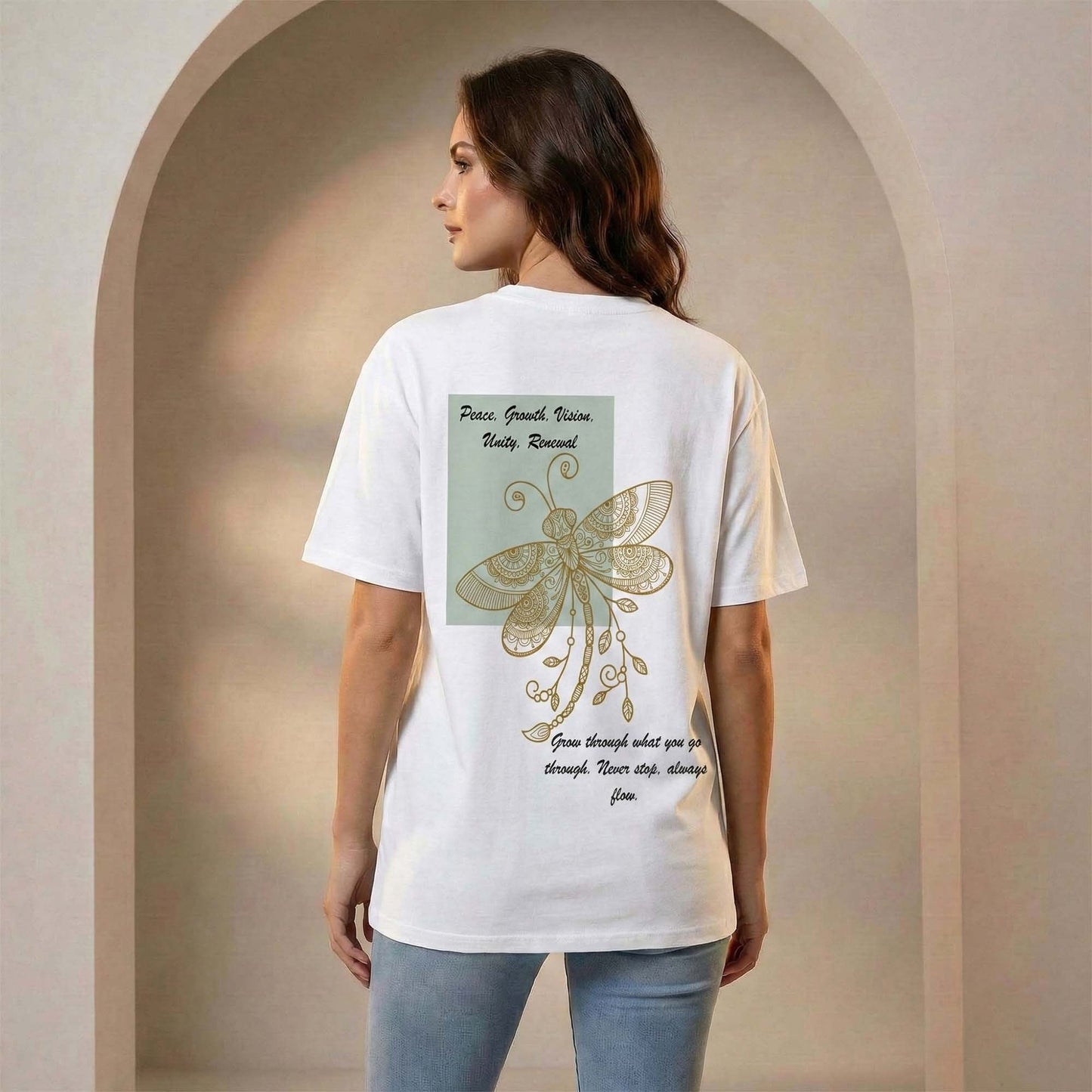 Women White Oversized Graphic T-Shirt with Spiritual Sun & Mandala Dragonfly Gold Print | Premium Cotton Tee