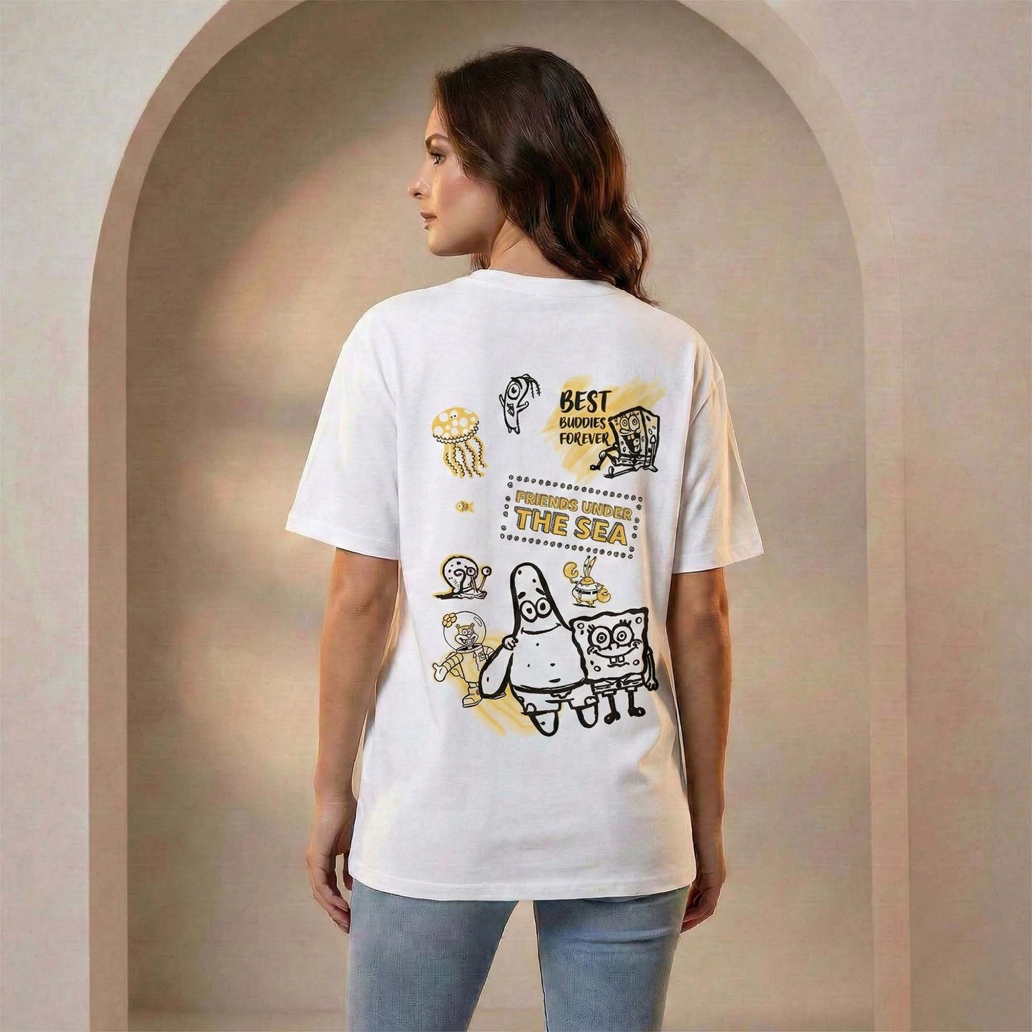 Women White Oversized Graphic T-Shirt – Best Buds & Friends Under the Sea Cartoon Print | Premium Cotton Tee