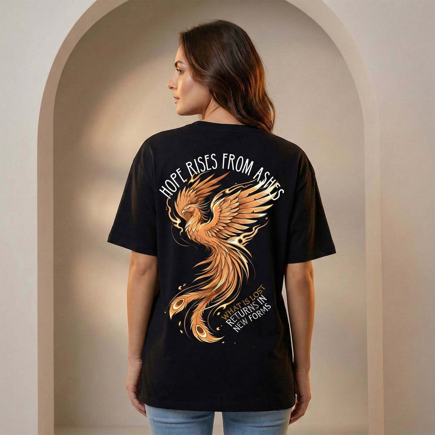 Women Black Oversized Graphic T-Shirt – Simurgh Phoenix ‘Hope Rises from Ashes’ Print | Premium Cotton Tee