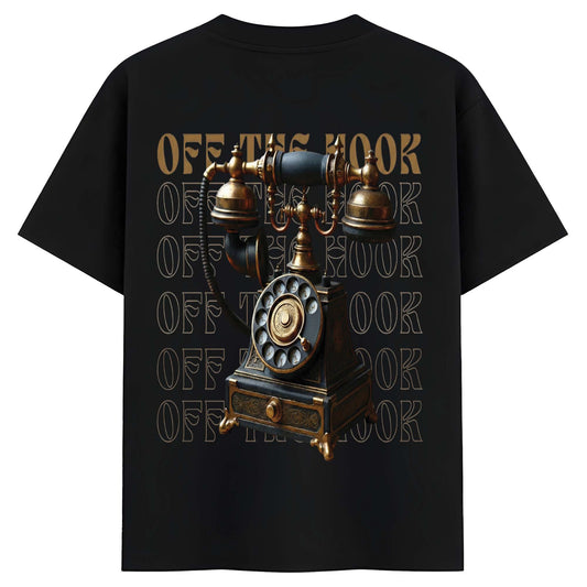 Old School Graphic Oversized Tee – Black Vintage Telephone Printed T-Shirt