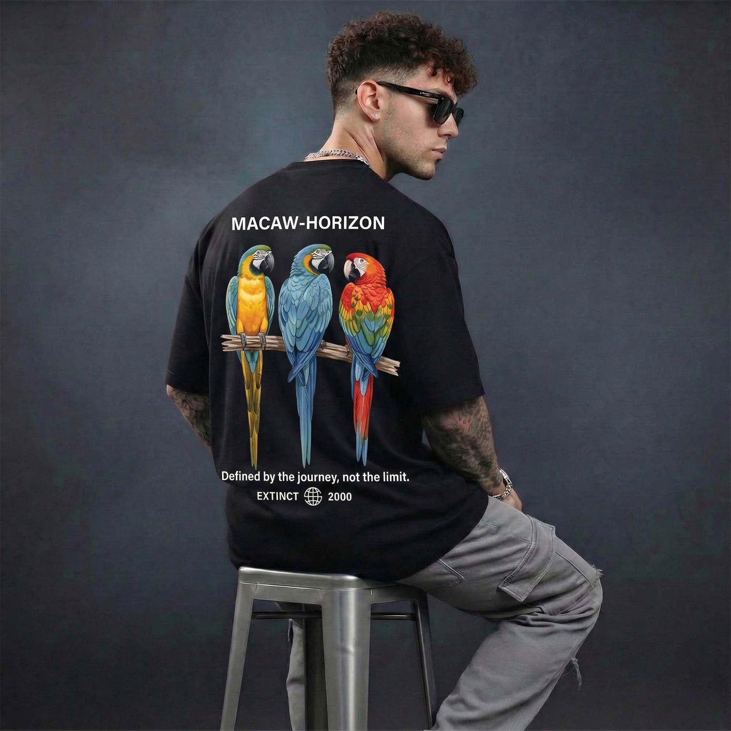 Macaw Horizon Printed Terry Cotton Tee I Black Oversized Graphic T-Shirt for Men