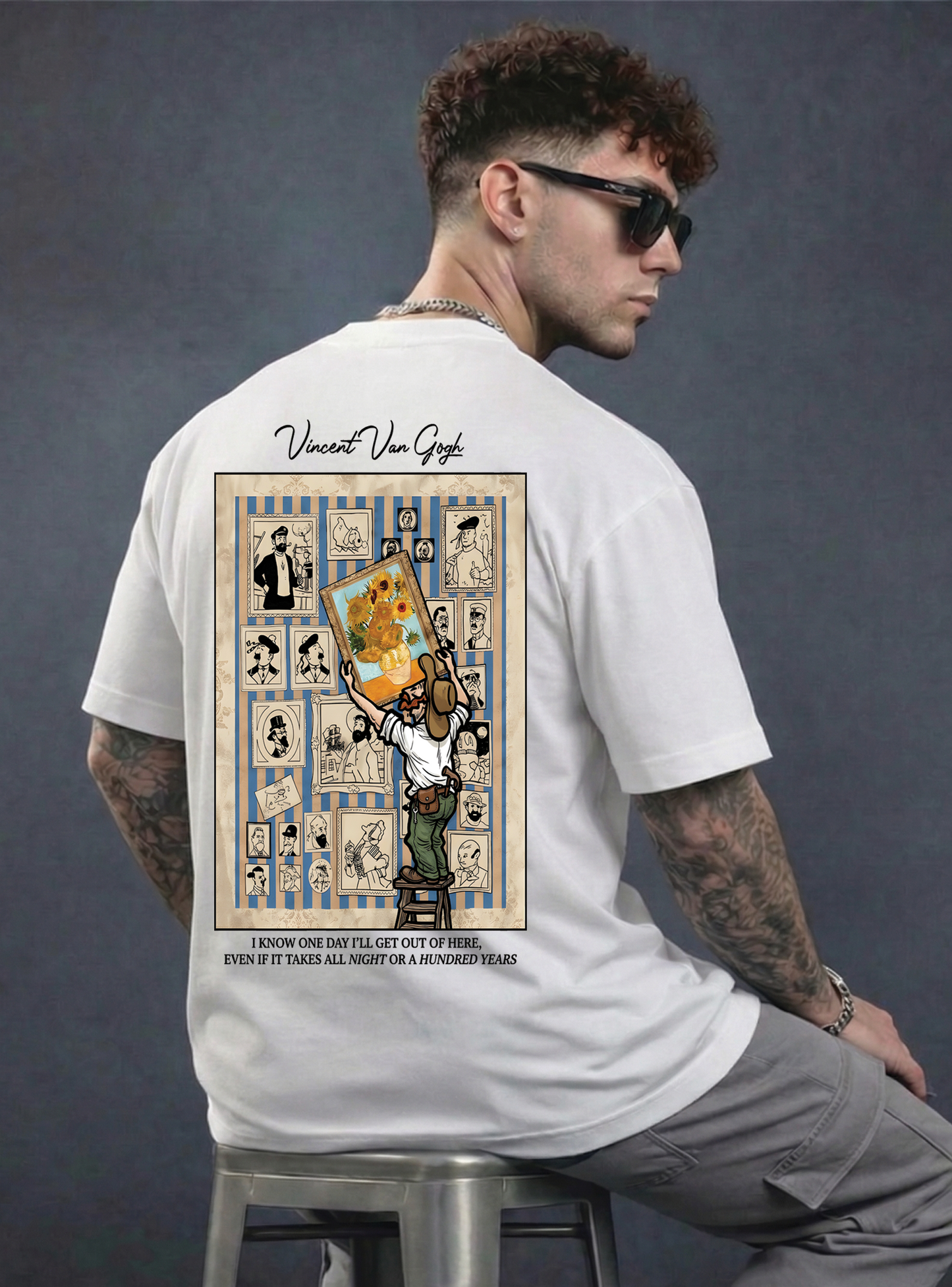 Vincent Van Gogh Art Printed Cotton Tee | White Oversized Graphic T-Shirt