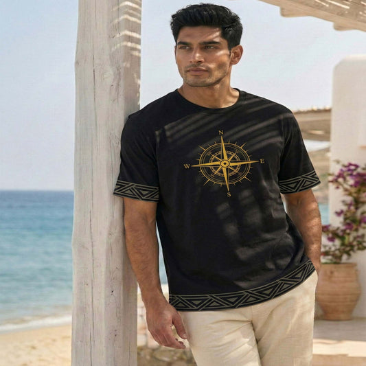 Men’s Gold Compass Graphic T-Shirt – Premium Black Explorer Tee