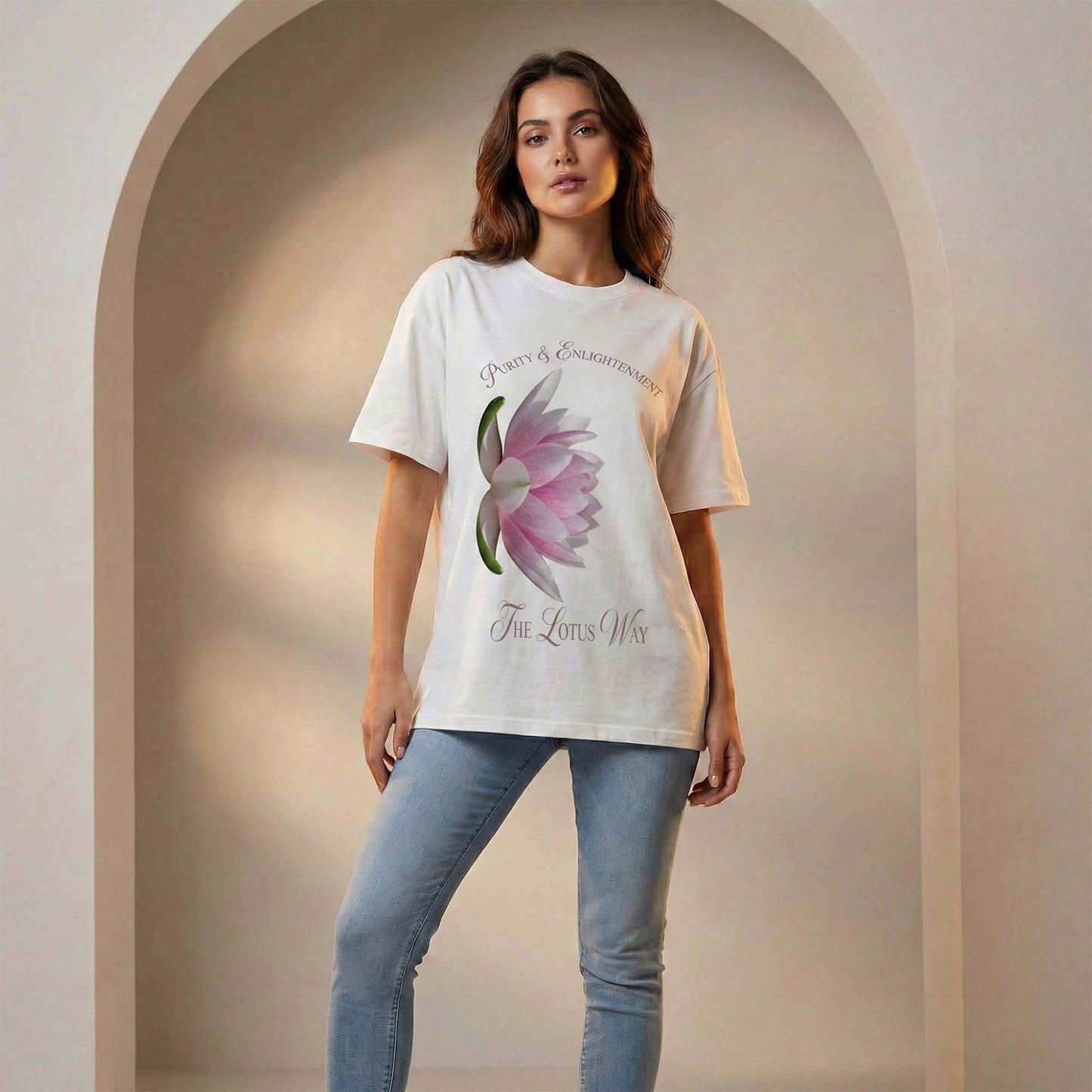 Women White Oversized Graphic T-Shirt – Lotus Flower ‘Purity & Enlightenment’ Print | Premium Cotton Tee