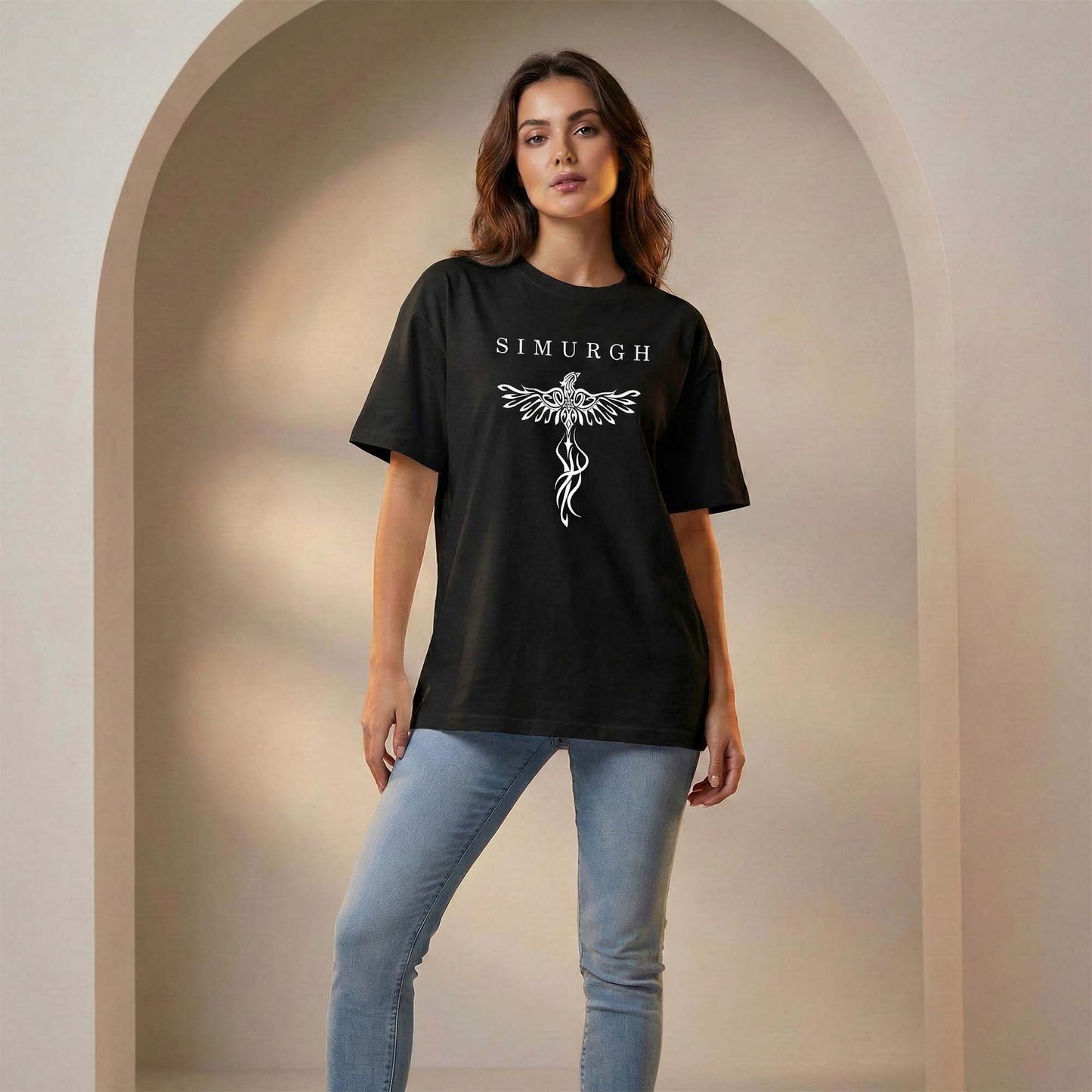 Women Black Oversized Graphic T-Shirt – Simurgh Phoenix ‘Hope Rises from Ashes’ Print | Premium Cotton Tee