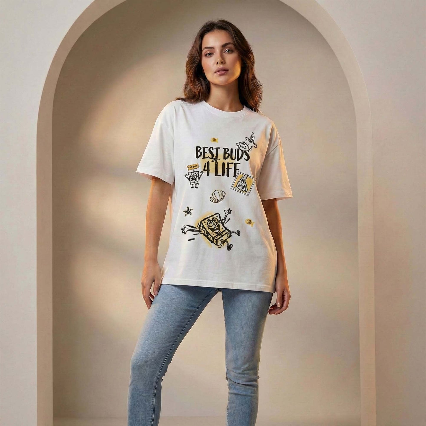 Women White Oversized Graphic T-Shirt – Best Buds & Friends Under the Sea Cartoon Print | Premium Cotton Tee