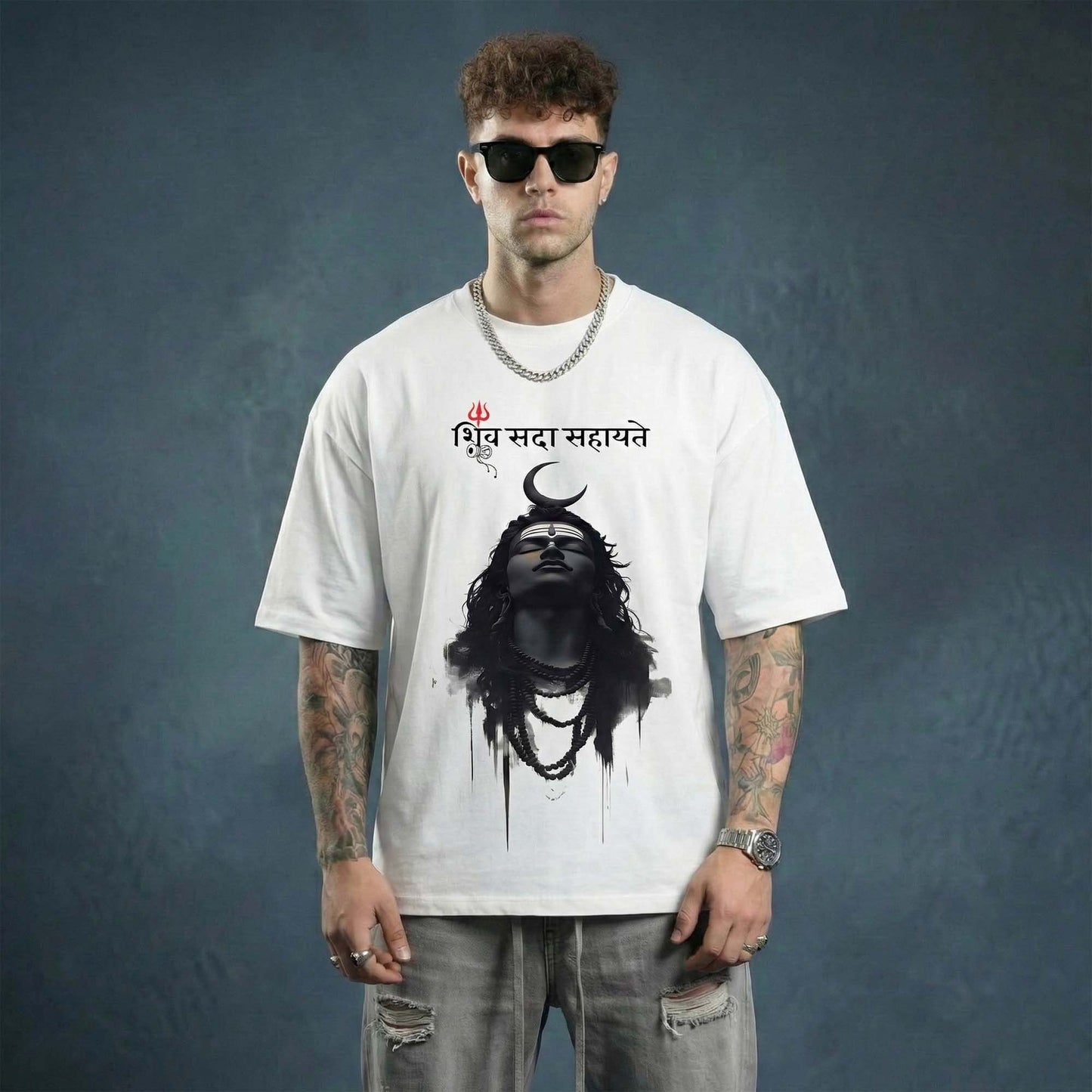 Shiv Sada Sahayate T-Shirt for Men – White Lord Shiva Spiritual Graphic Tee