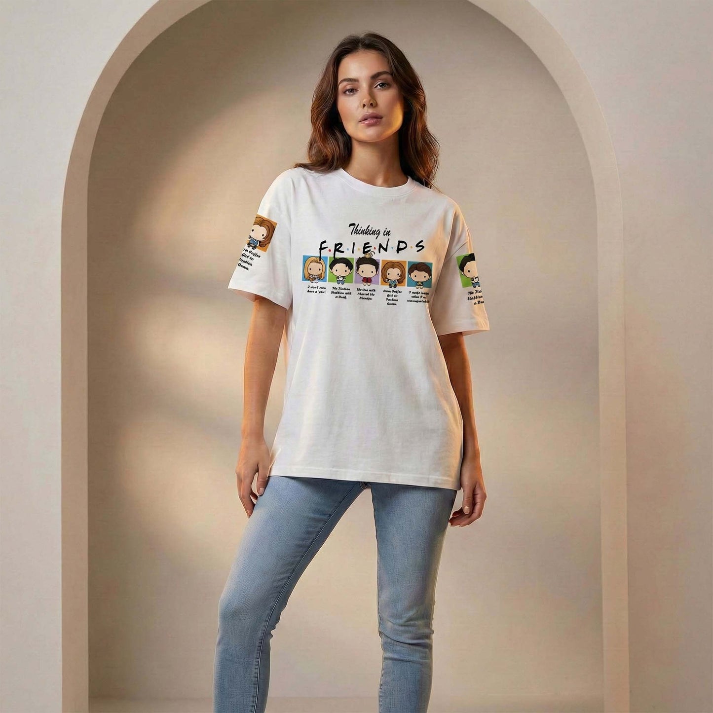 Women’s Friends Inspired Graphic T-Shirt – Thinking in Friends Cartoon Print Casual Tee