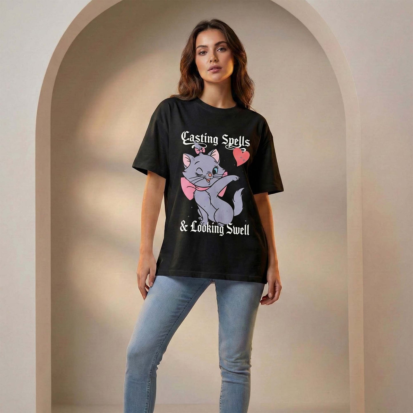Women Black Oversized Graphic T-Shirt – Cute Witch Cat ‘Casting Spells & Looking Swell’ Print | Premium Cotton Tee