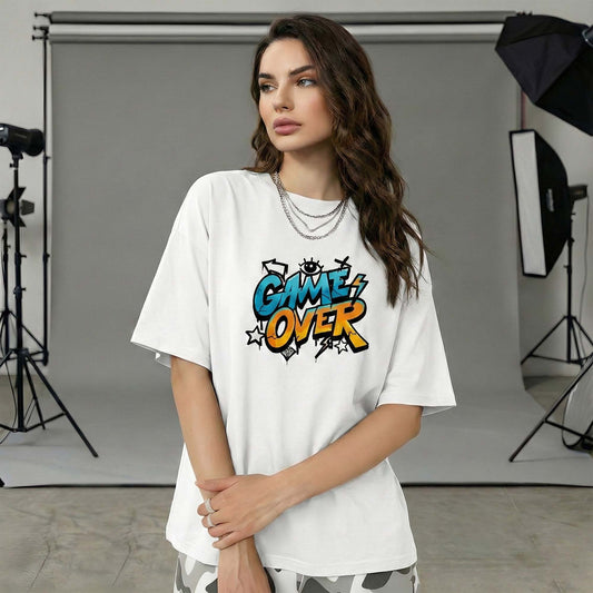 Women White Oversized Graphic T-Shirt – Graffiti ‘GAME OVER’ Street Art Print | Premium Cotton Tee