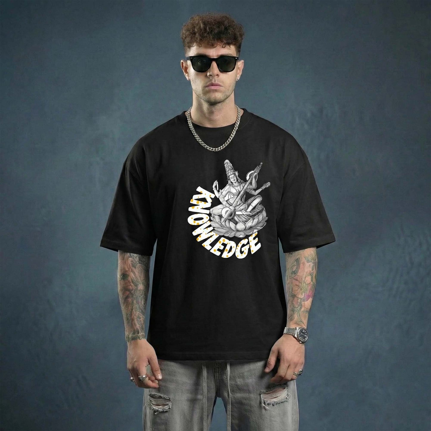 Knowledge Goddess Saraswati T-Shirt for Men – Black Spiritual Graphic Tee