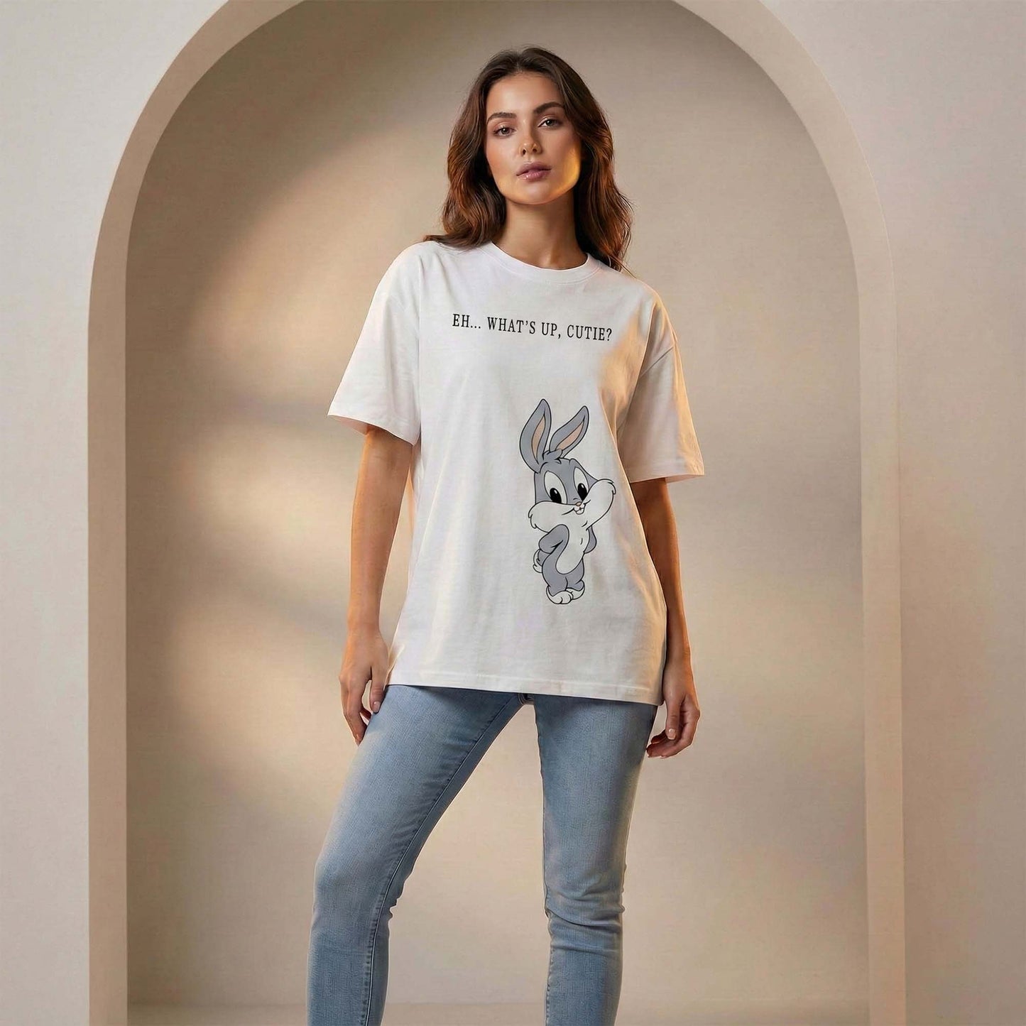 Women White Oversized Graphic T-Shirt – “What’s Up, Cutie?” Cute Cartoon Bunny Print | Premium Cotton Tee