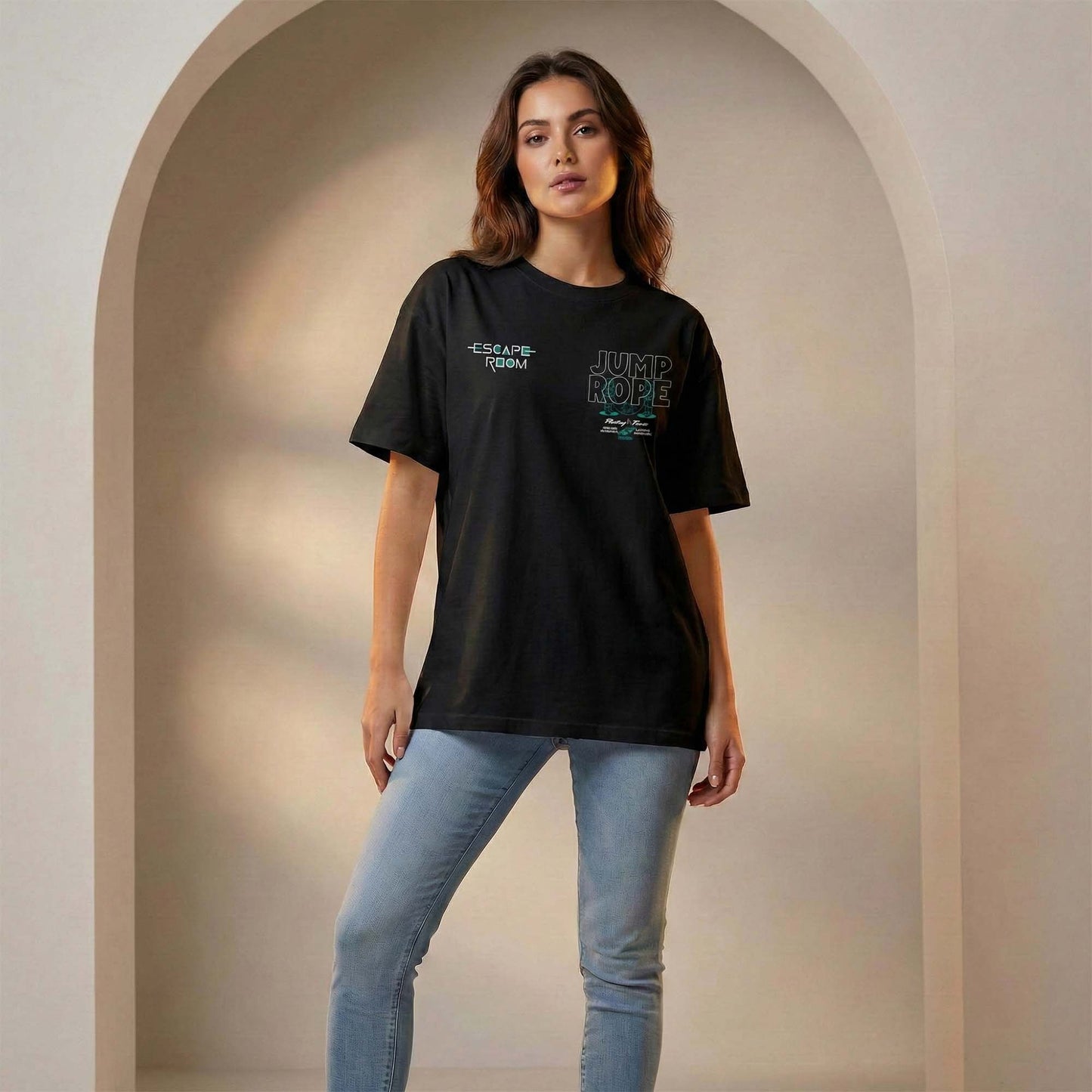 Women Black Oversized Graphic T-Shirt – Escape Room & Jump Rope Minimal Line Art Print | Premium Cotton Tee