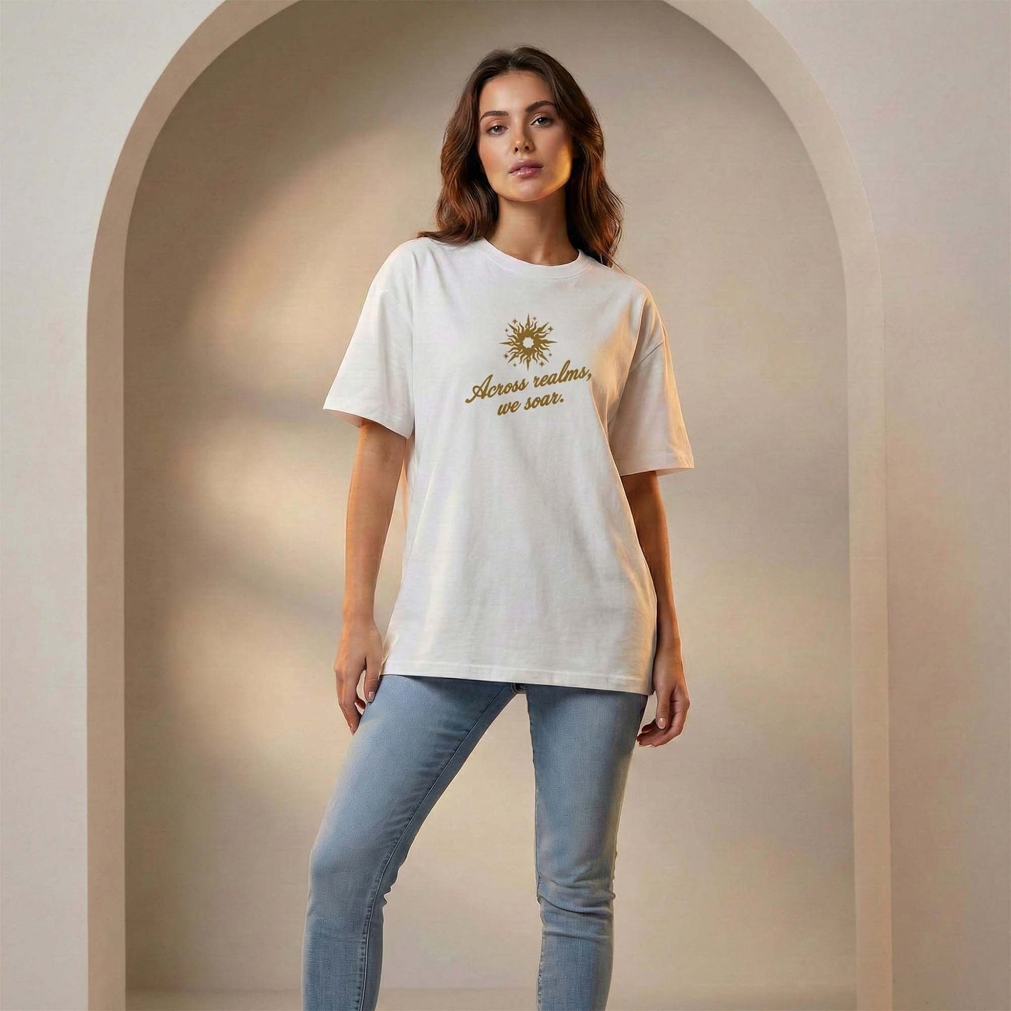 Women White Oversized Graphic T-Shirt with Spiritual Sun & Mandala Dragonfly Gold Print | Premium Cotton Tee