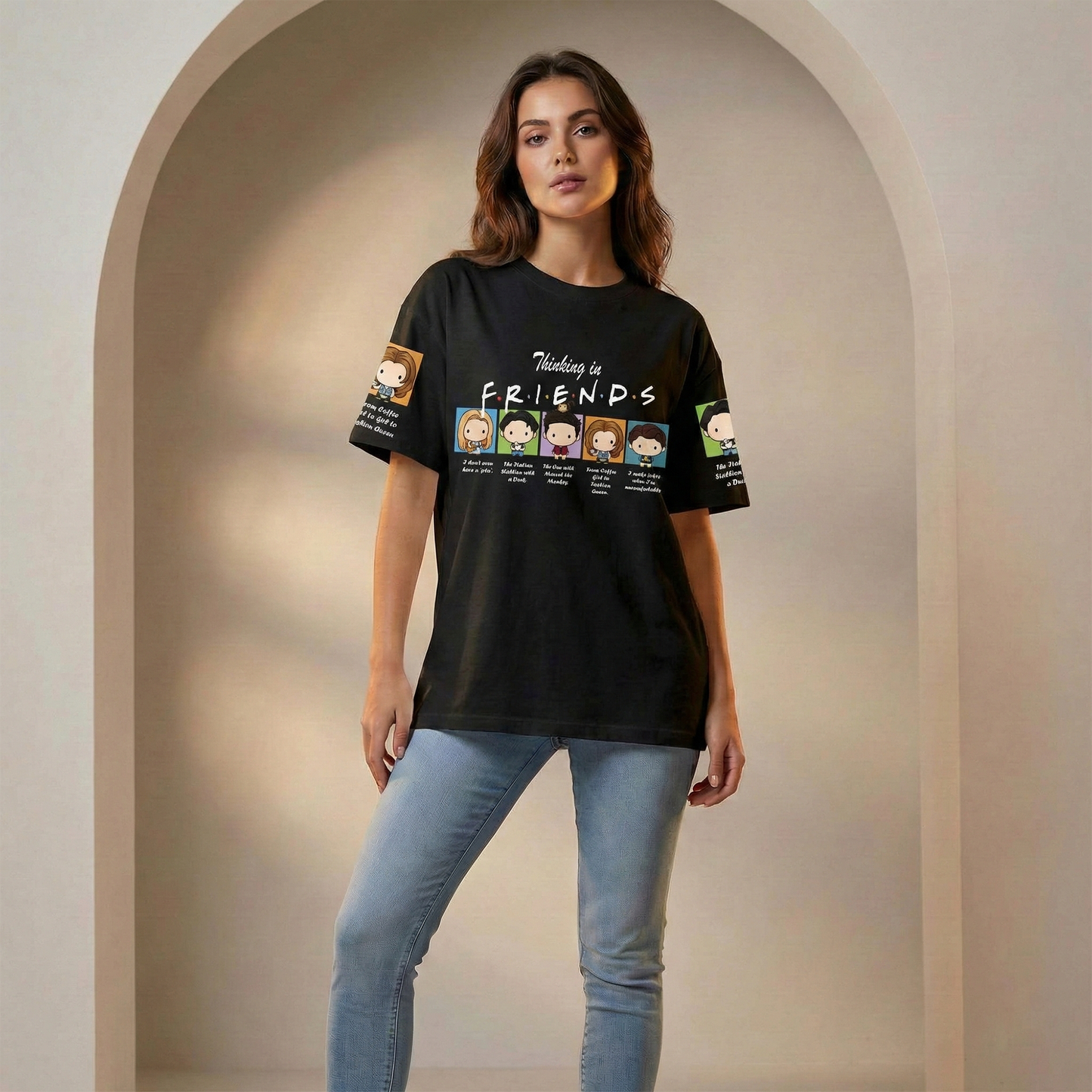Women’s Friends Inspired Graphic T-Shirt – Thinking in Friends Cartoon Print Casual Tee