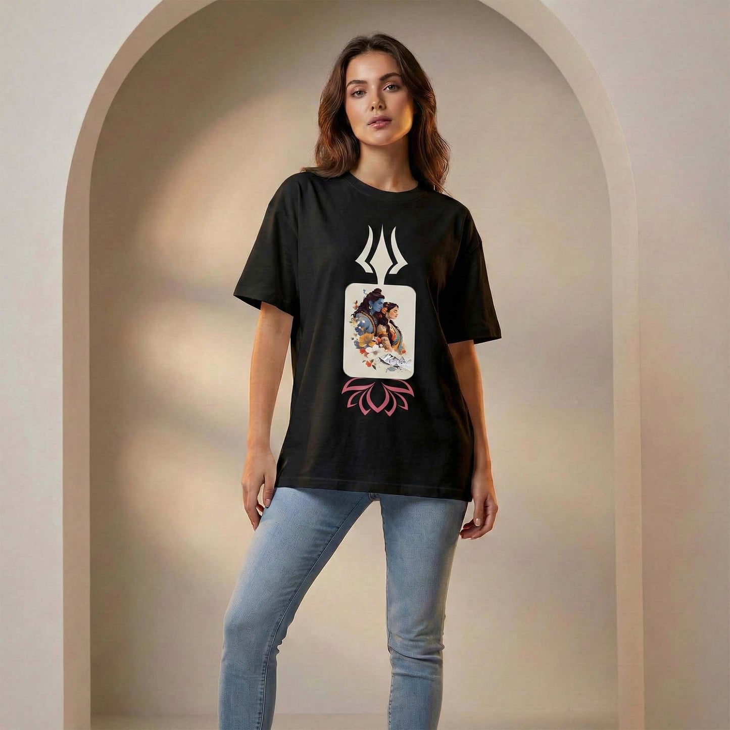 Unisex Divine Trishul Shiva–Shakti Oversized T-Shirt | Spiritual Sacred Graphic Tee for Men & Women