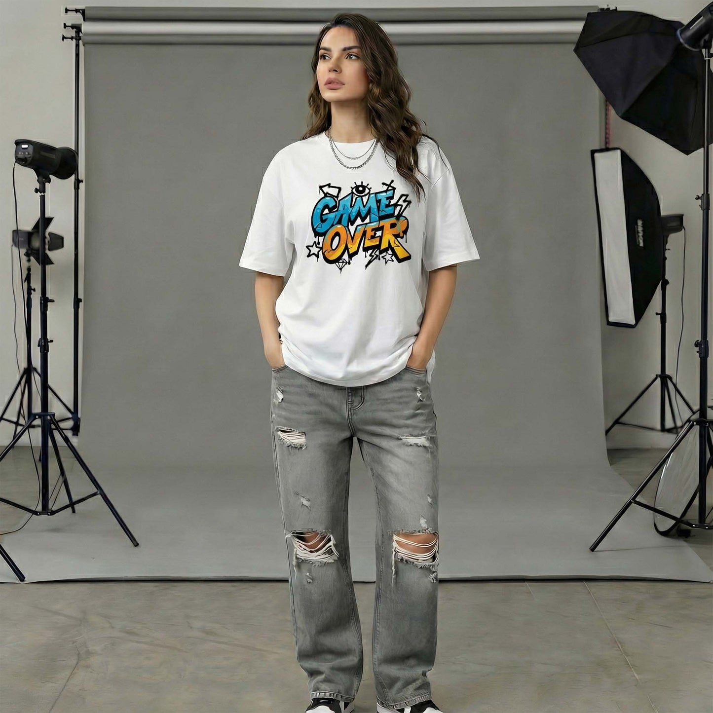 Women White Oversized Graphic T-Shirt – Graffiti ‘GAME OVER’ Street Art Print | Premium Cotton Tee