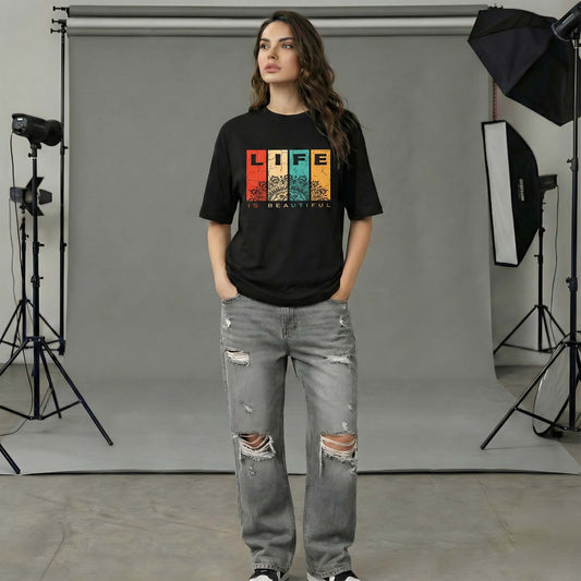 Life Is Beautiful Black T-Shirt | Artistic Streetwear Graphic Tee for women