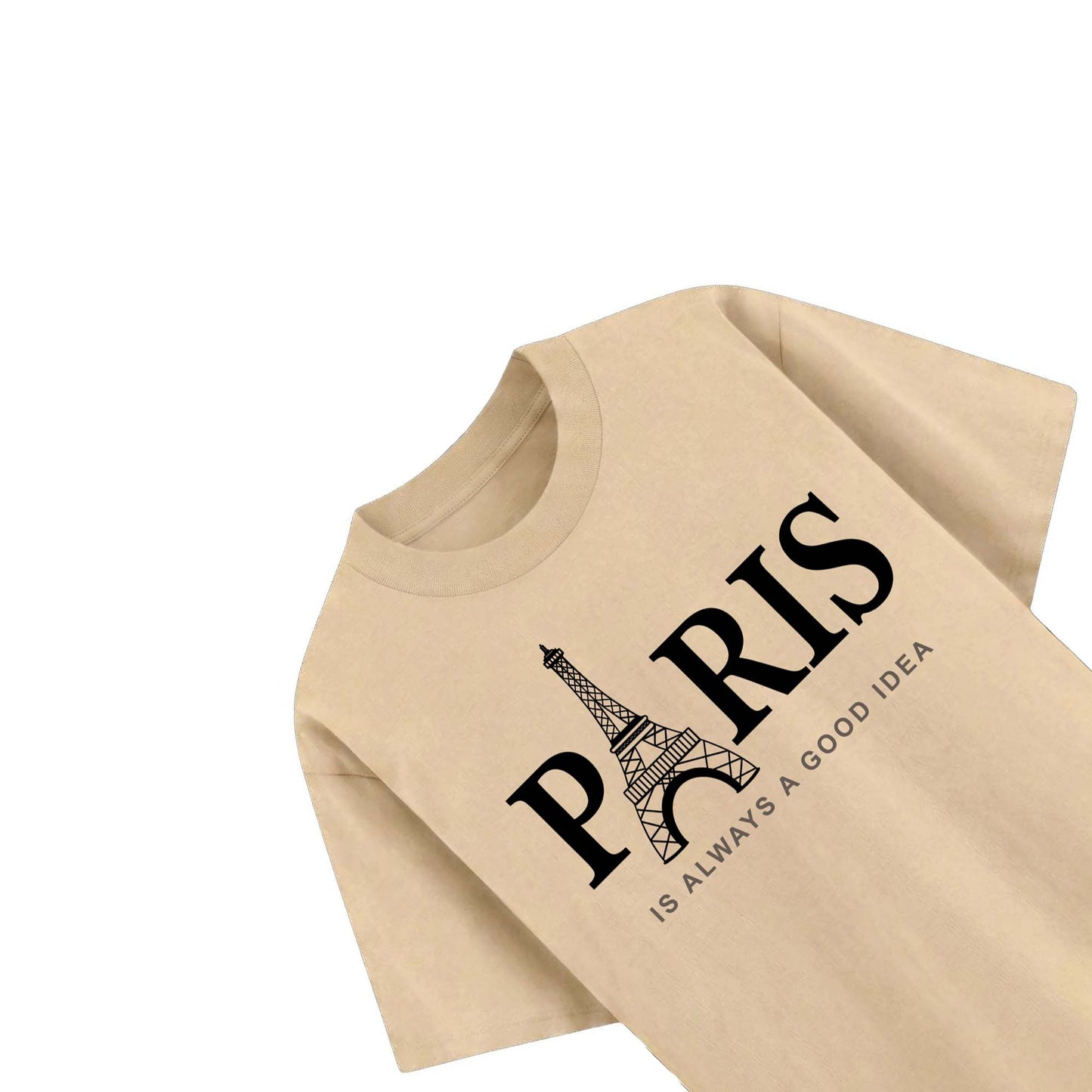 Eiffel Tower Printed Cotton Tee – Beige Oversized Paris Graphic T-Shirt