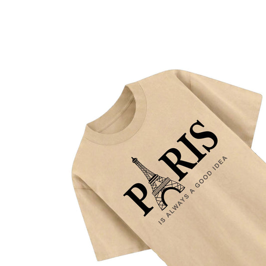 Eiffel Tower Printed Cotton Tee – Beige Oversized Paris Graphic T-Shirt