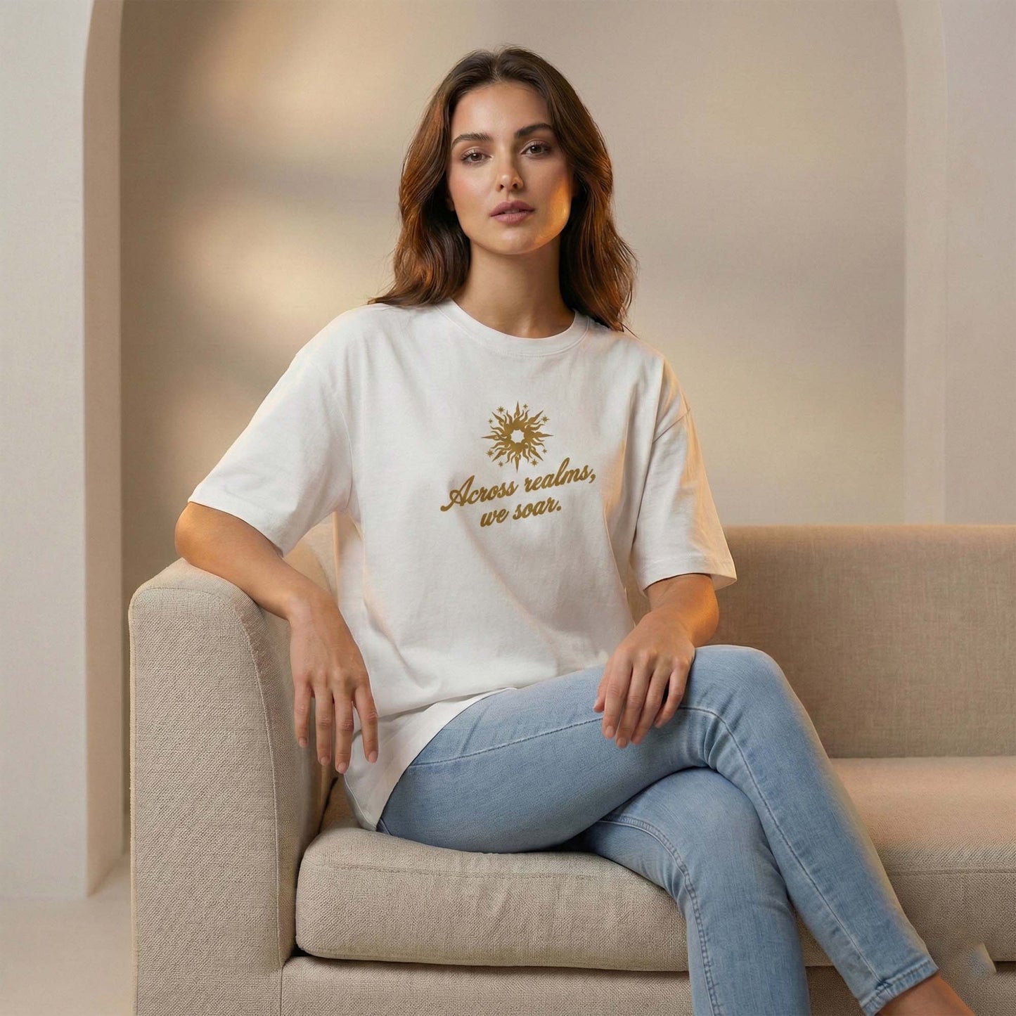 Women White Oversized Graphic T-Shirt with Spiritual Sun & Mandala Dragonfly Gold Print | Premium Cotton Tee