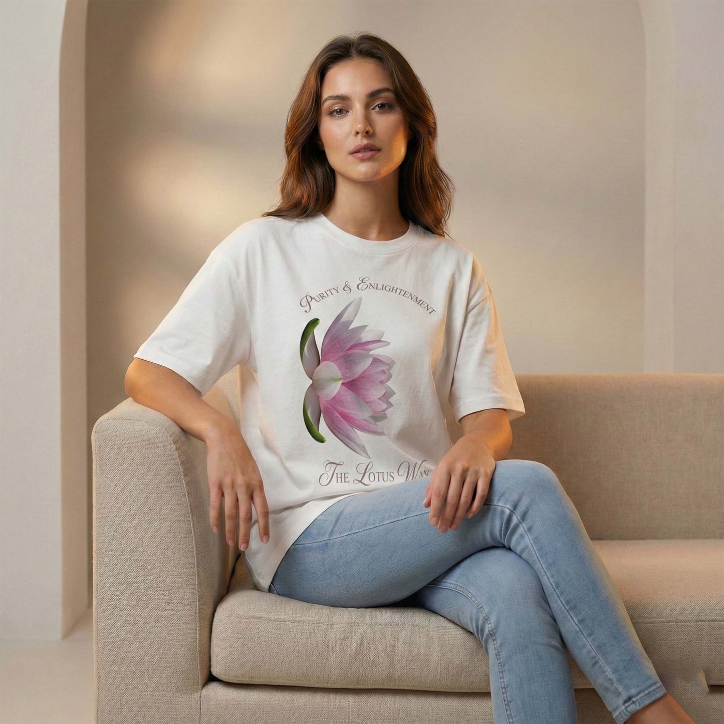 Women White Oversized Graphic T-Shirt – Lotus Flower ‘Purity & Enlightenment’ Print | Premium Cotton Tee