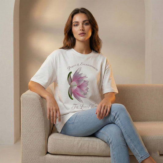 Women White Oversized Graphic T-Shirt – Lotus Flower ‘Purity & Enlightenment’ Print | Premium Cotton Tee