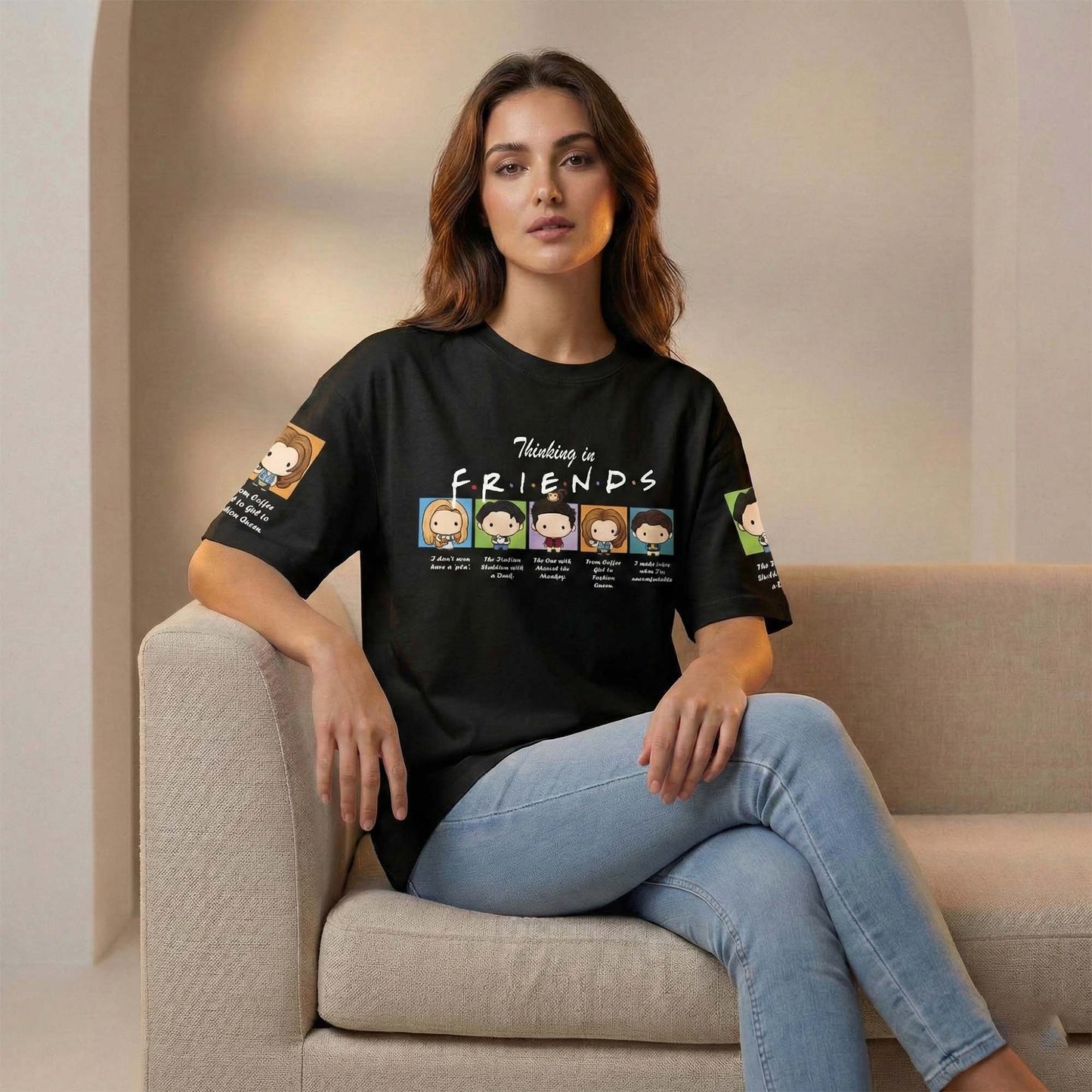 Women’s Friends Inspired Graphic T-Shirt – Thinking in Friends Cartoon Print Casual Tee