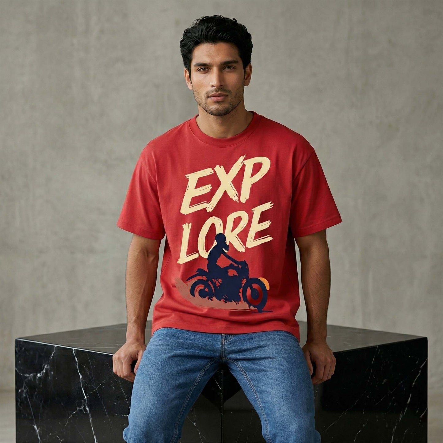 Men’s “Explore” Biker Graphic T-Shirt – Red Adventure Riding Tee