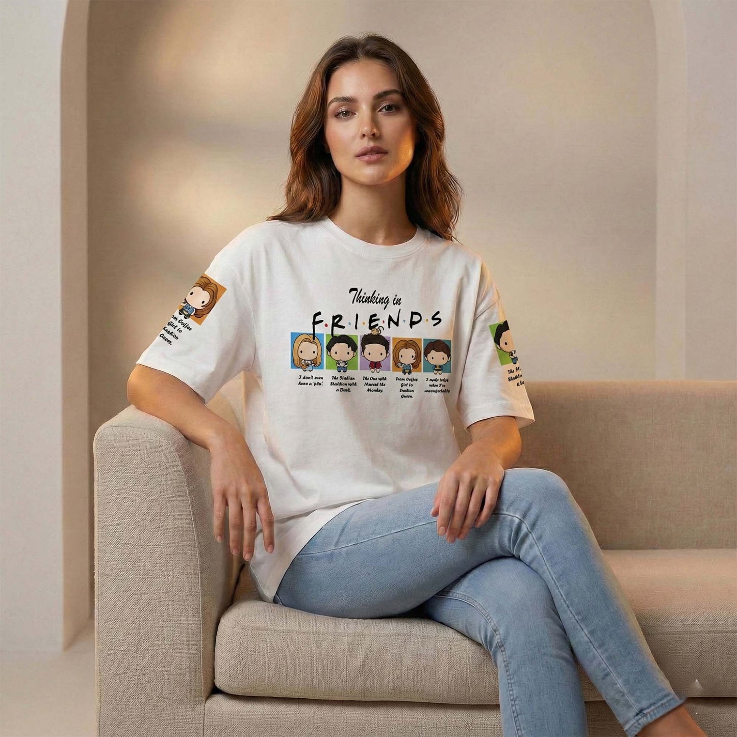 Women’s Friends Inspired Graphic T-Shirt – Thinking in Friends Cartoon Print Casual Tee