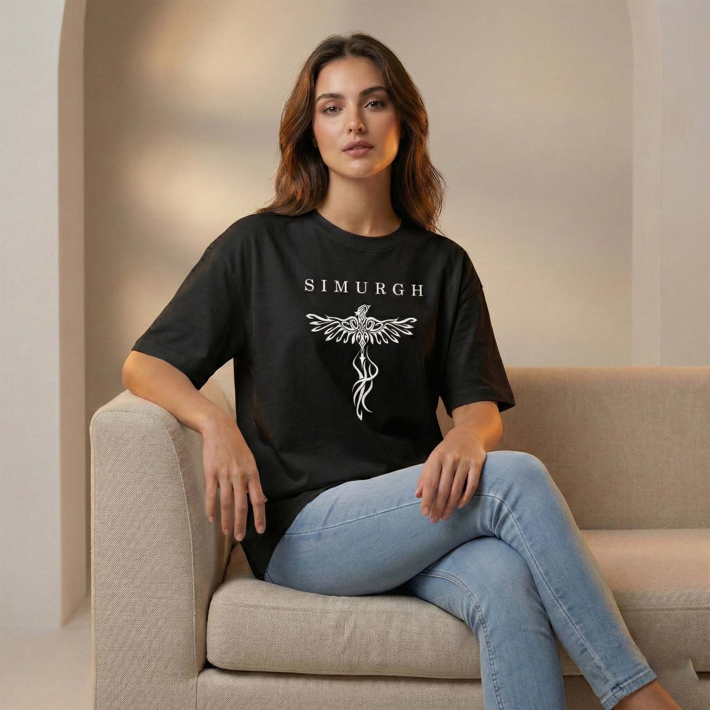 Women Black Oversized Graphic T-Shirt – Simurgh Phoenix ‘Hope Rises from Ashes’ Print | Premium Cotton Tee