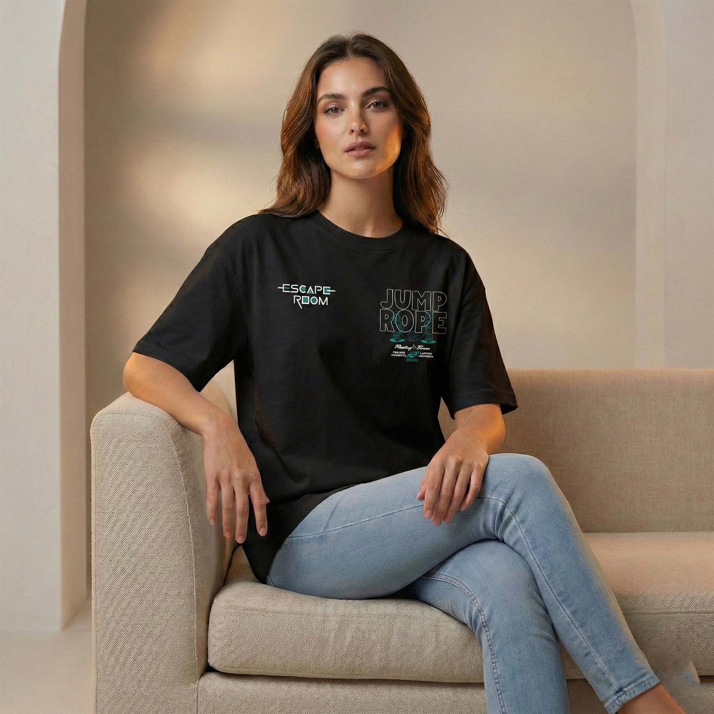 Women Black Oversized Graphic T-Shirt – Escape Room & Jump Rope Minimal Line Art Print | Premium Cotton Tee