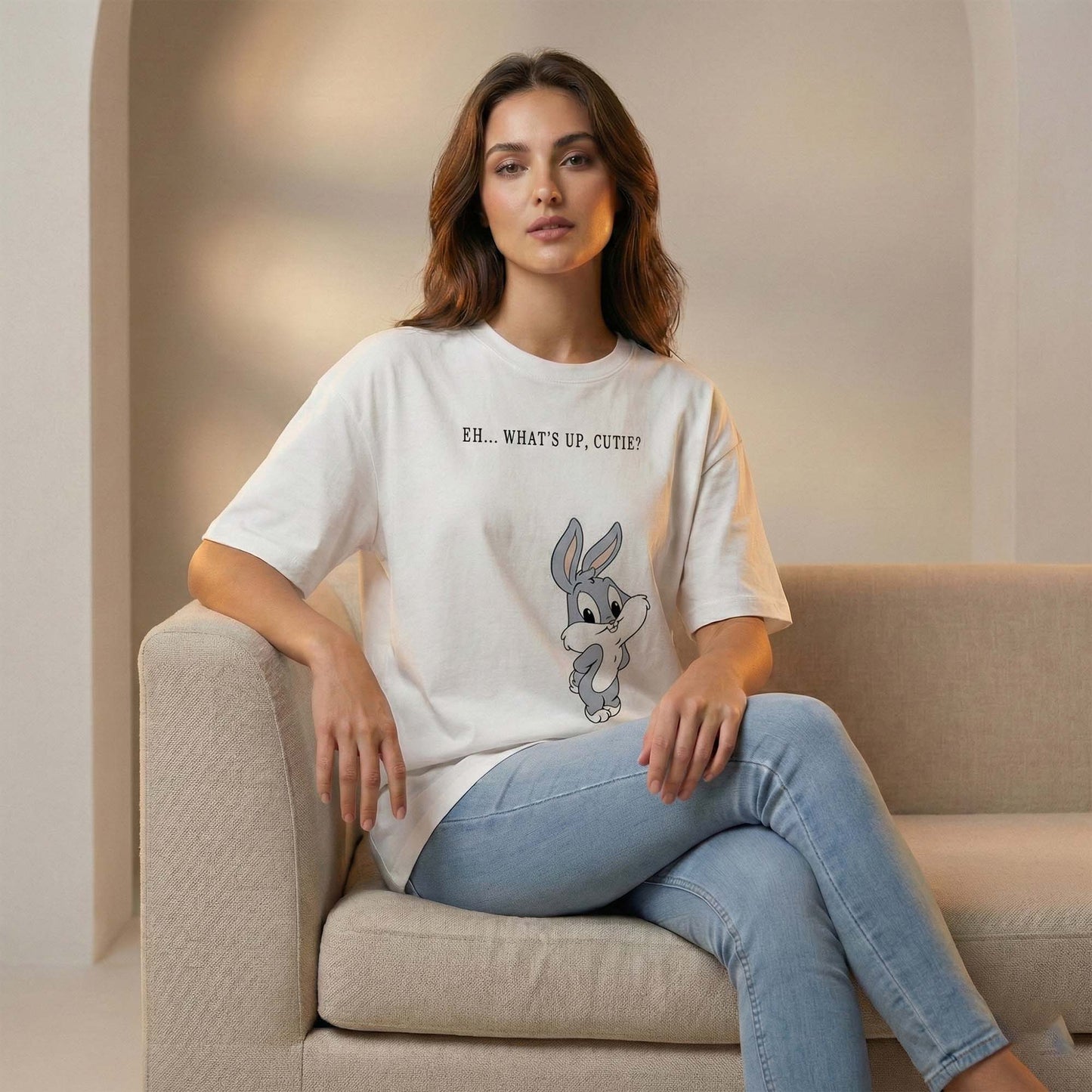 Women White Oversized Graphic T-Shirt – “What’s Up, Cutie?” Cute Cartoon Bunny Print | Premium Cotton Tee