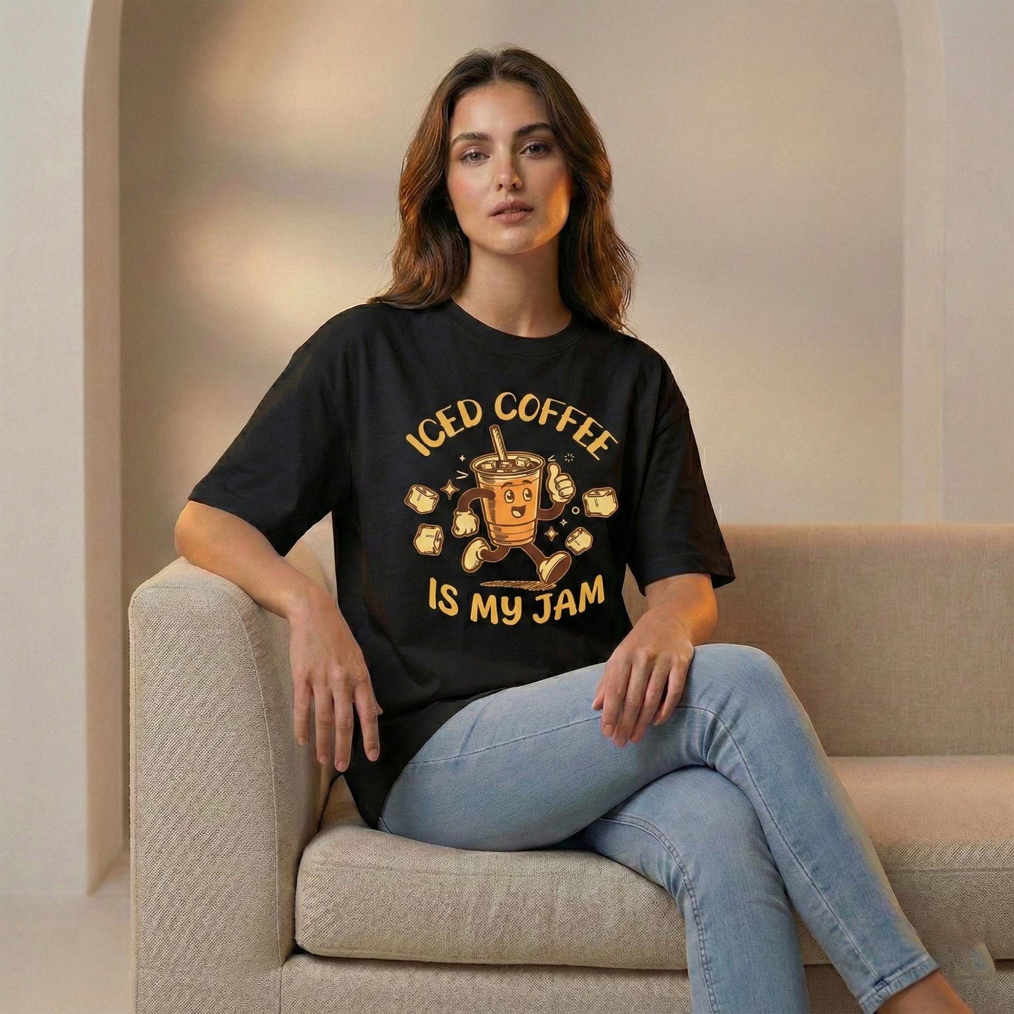 Women Black Oversized Graphic T-Shirt – Cute Iced Coffee ‘Is My Jam’ Print | Premium Cotton Tee