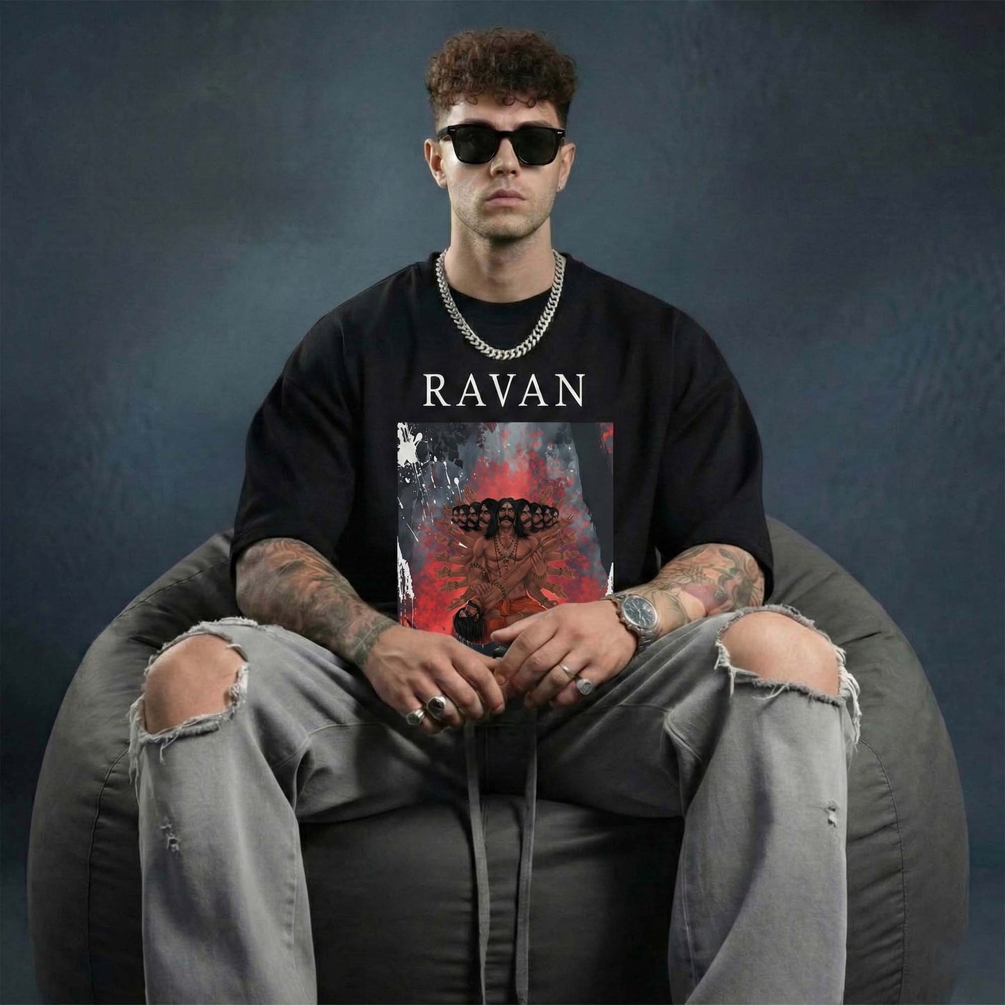 RAVAN Graphic T-Shirt for Men – Mythology Power Art Printed Tee (Black & White)