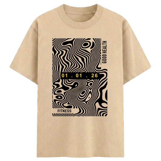 Good Health Printed Cotton Tee – Beige Oversized Fitness Graphic T-Shirt