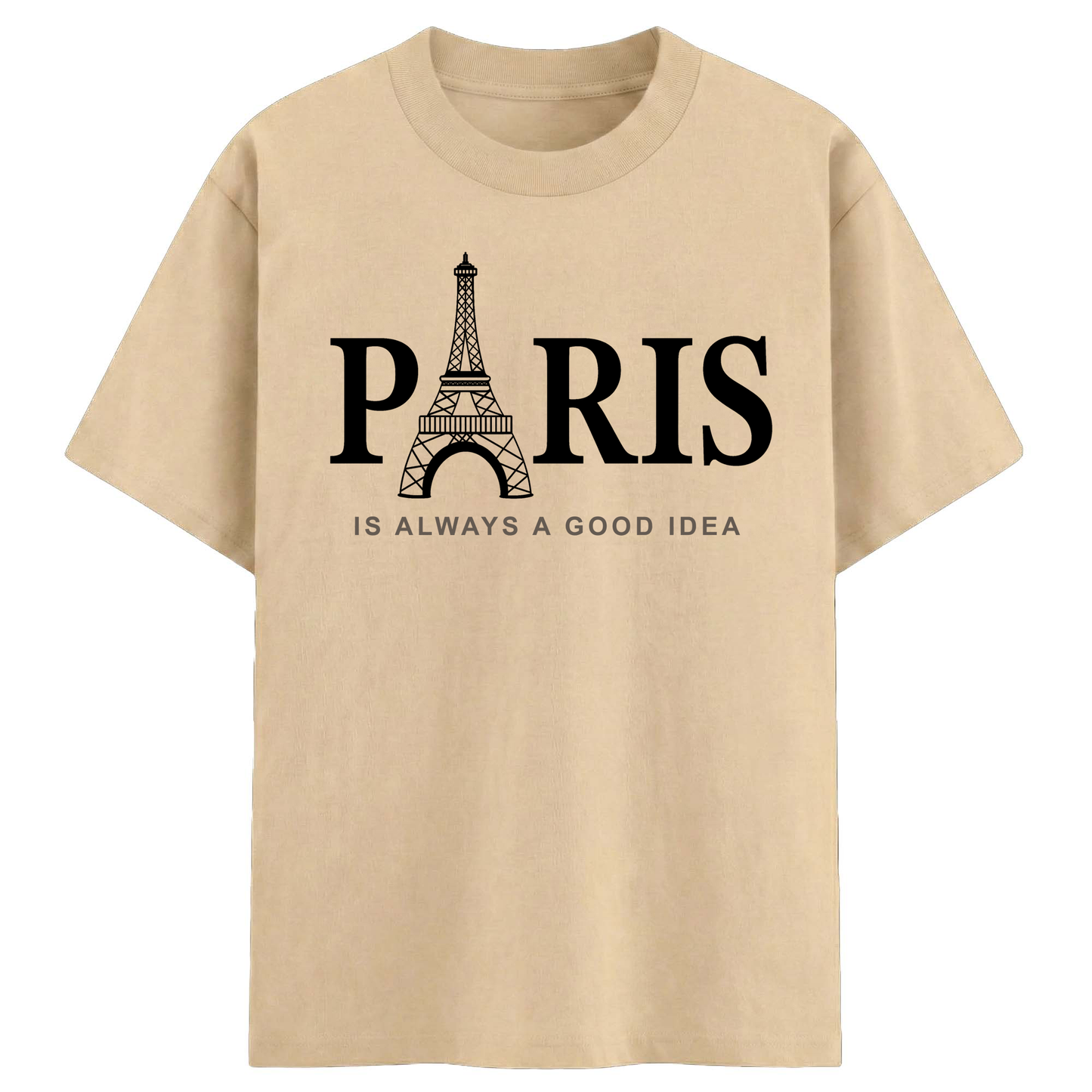 Eiffel Tower Printed Cotton Tee – Beige Oversized Paris Graphic T-Shirt