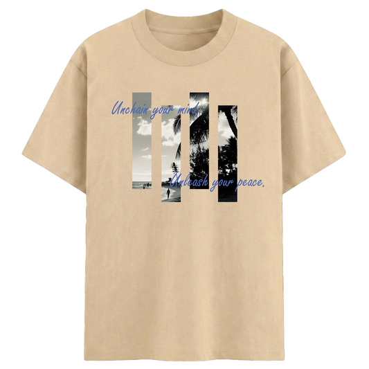 Aesthetic Beach Print Oversized T-Shirt for Men | Unchain Your Mind Graphic Cotton Tee | Summer Streetwear