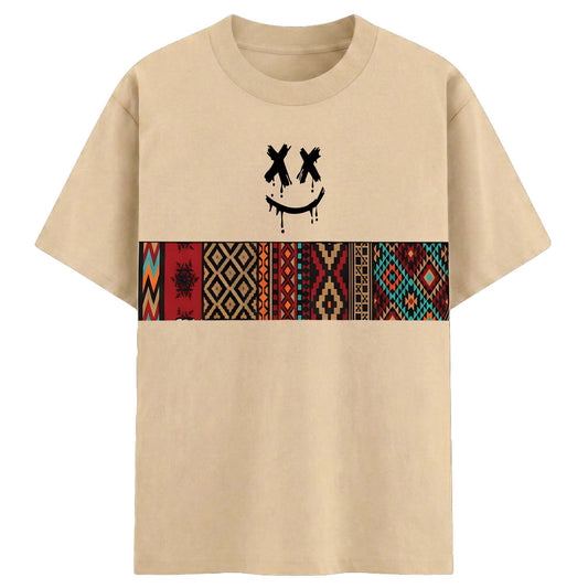 Men’s Urban Tribal Smile Graphic T-Shirt – Beige Casual Streetwear Tee